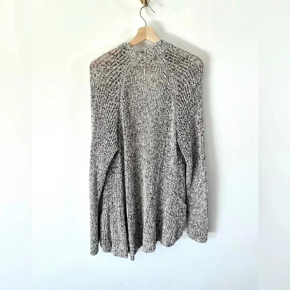 Eileen Fisher Grey & White Open Knit Drape Front Long Line Cotton Cardigan Large